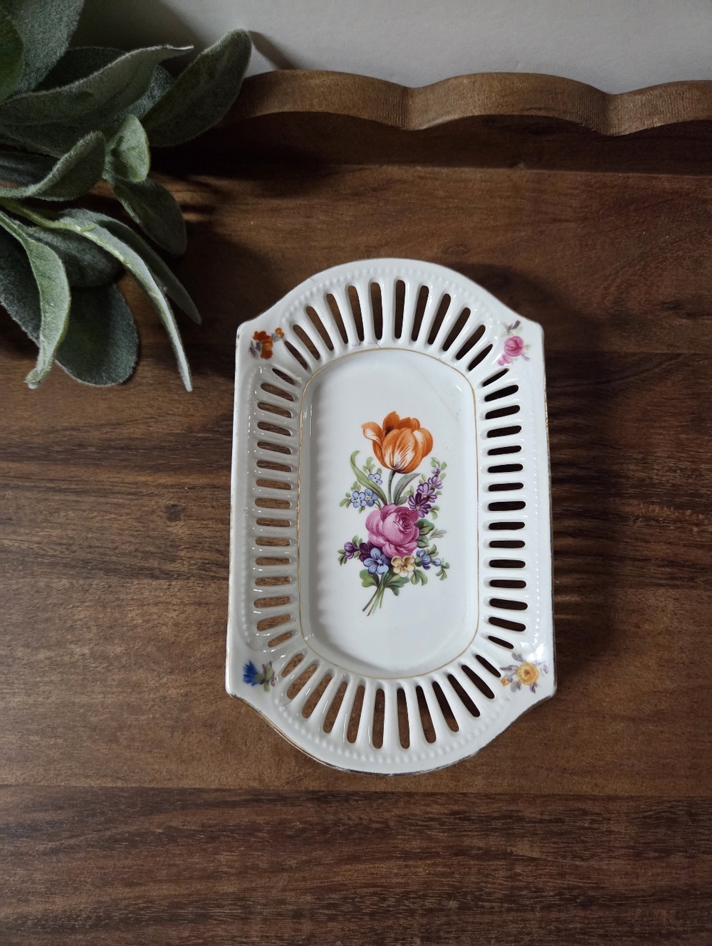 Vintage Schumann Bavaria Reticulated Porcelain Dresden Floral Trinket Dish